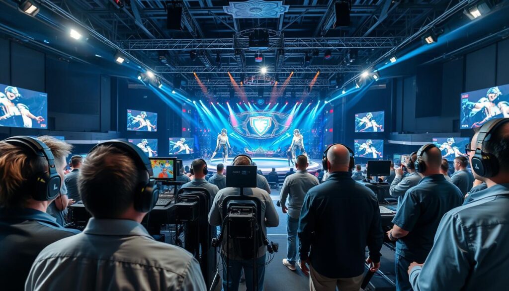Behind the scenes of a major esports tournament showing production crew and equipment