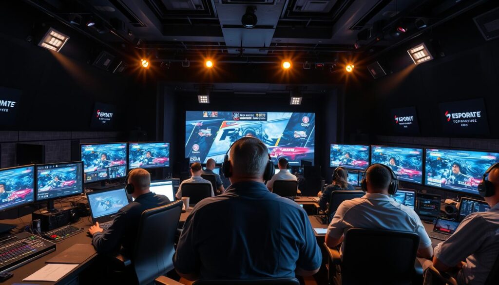 Behind-the-scenes of esports event production showing technical staff Behind-the-scenes of esports event production showing technical staff