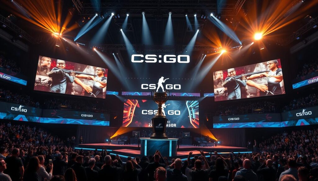 CS:GO Major championship with teams competing on stage and tactical gameplay displayed on large screens