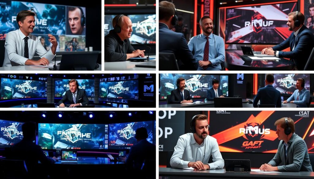 Collage of popular esports casters and analysts during live broadcasts