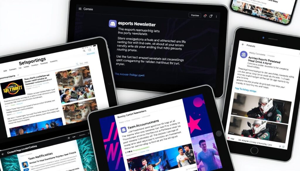 Collection of esports newsletters and Discord notifications on various devices