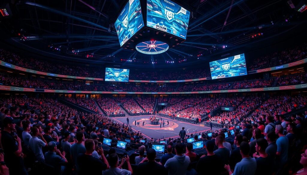 Crowd watching a live esports event with players on stage competing in How to Follow Live Esports Events