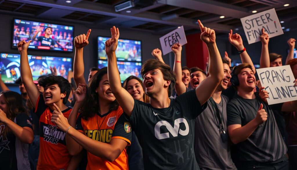 Diverse group of esports fans celebrating together while watching a tournament final