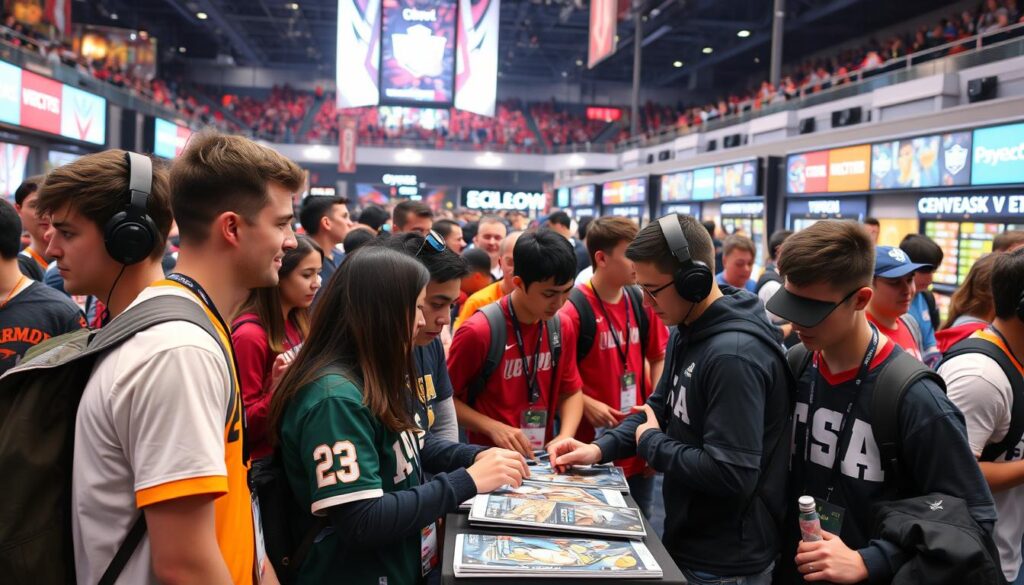 Esports fans at a tournament venue wearing team merchandise and participating in meet-and-greet sessions