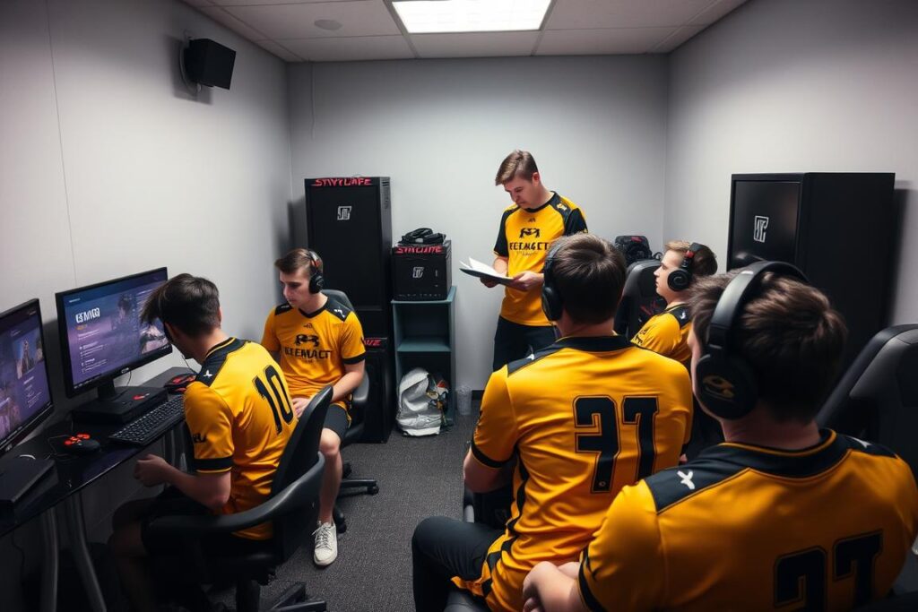 Esports players in team warm-up room preparing before a match