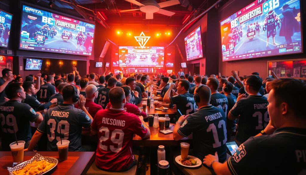 Esports viewing party at a local venue with fans watching a tournament on large screens