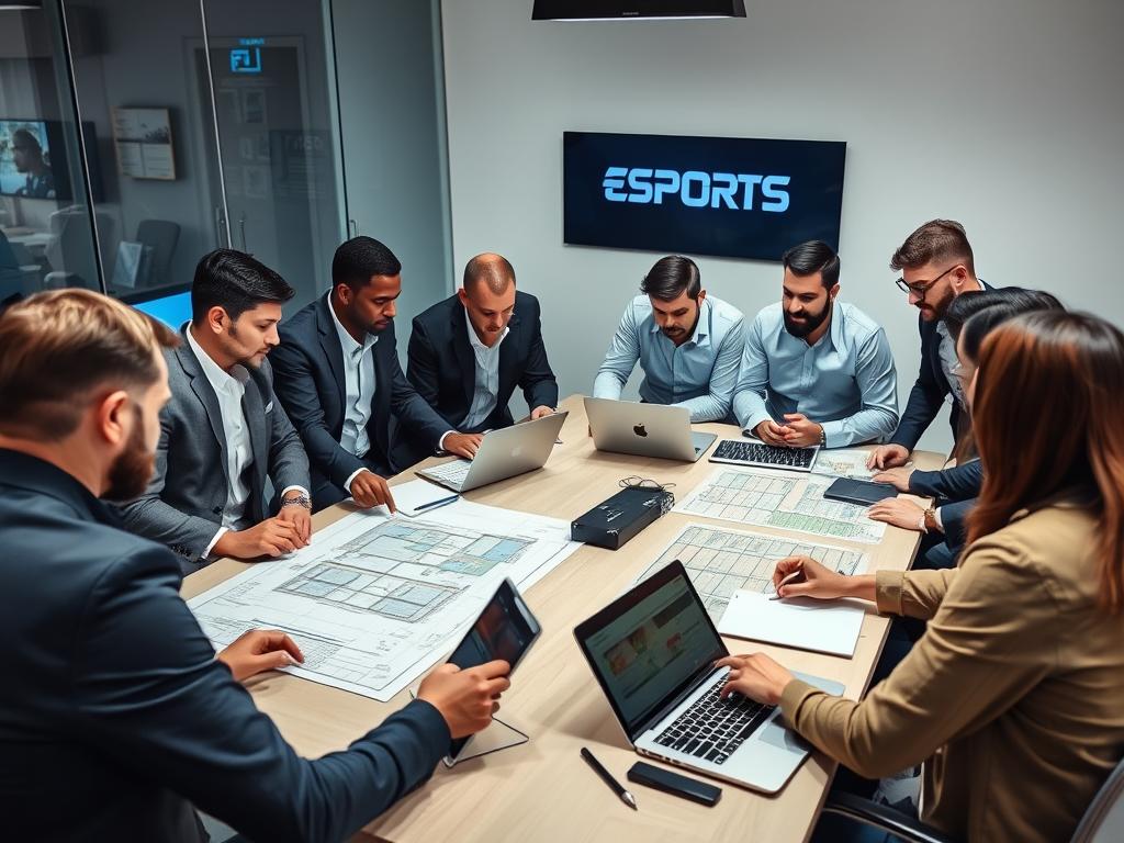 Event planning meeting for esports tournament with organizers reviewing venue layouts