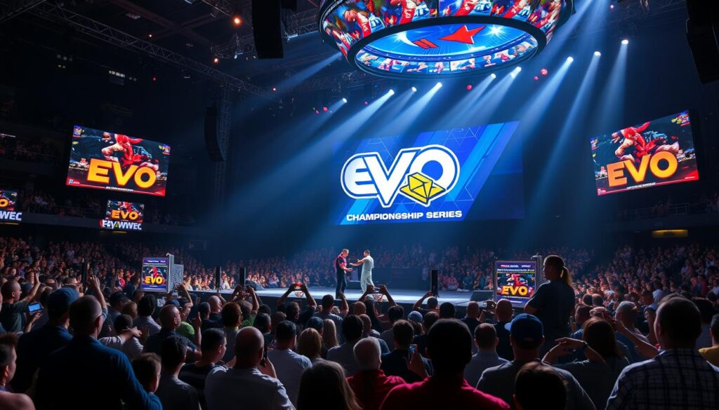 Evo Championship Series main stage with fighting game competitors and excited crowd watching the final matches