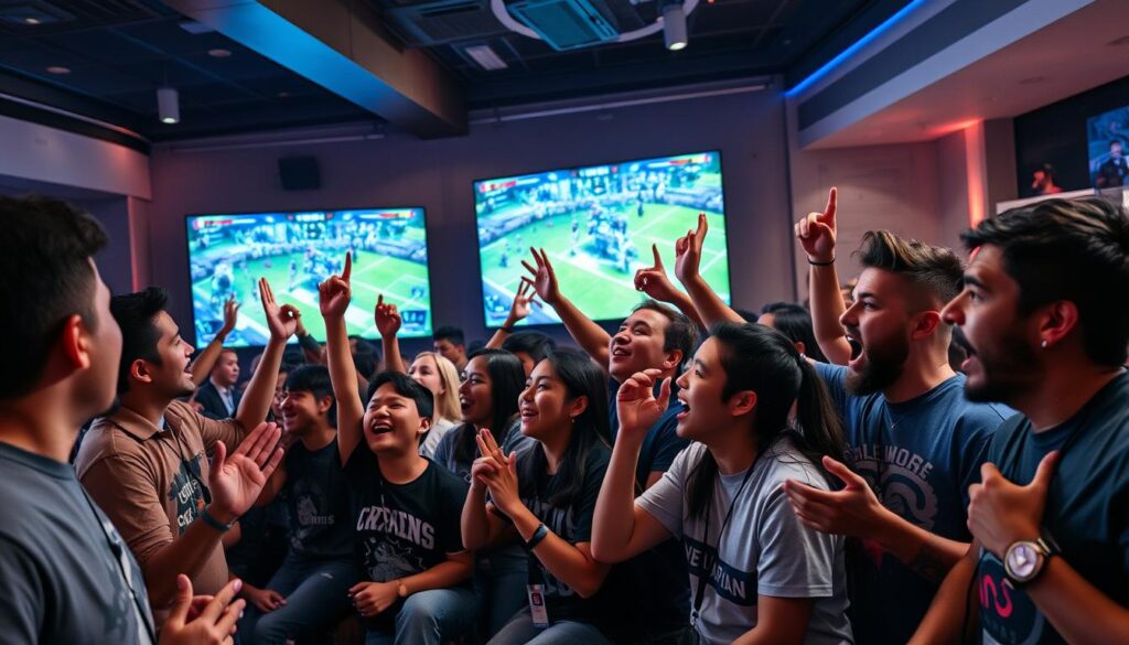 Fans gathered at a League of Legends viewing party cheering during a match