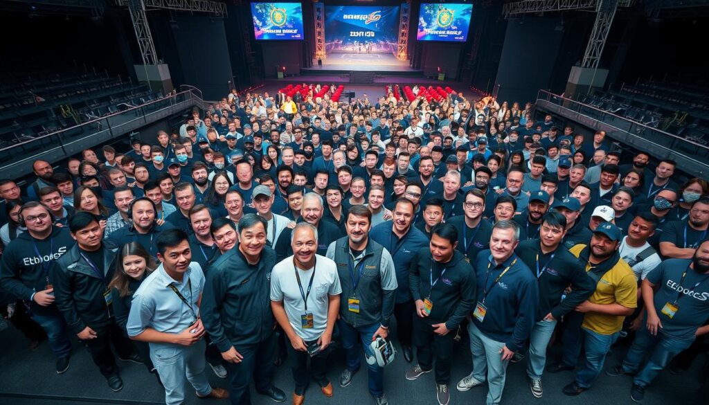 Full production team gathered for a group photo after successful tournament completion