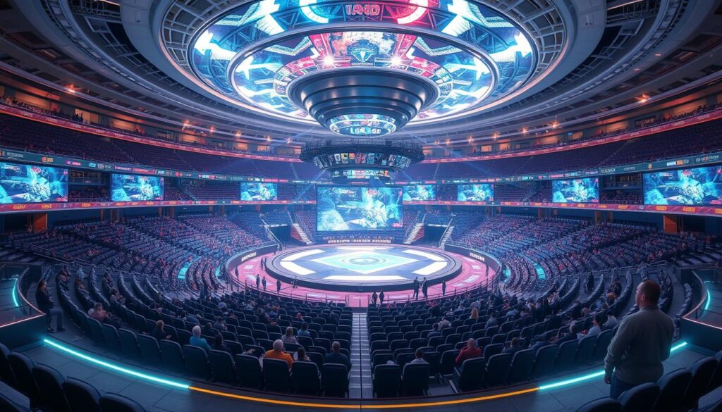 Futuristic esports arena concept with advanced viewing technology and interactive fan experiences