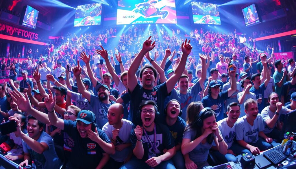 Global esports community celebrating together across different viewing environments