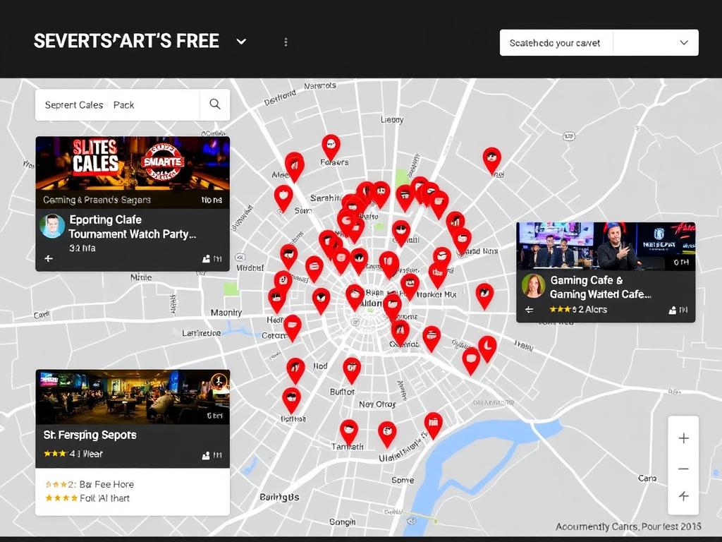 Map showing nearby esports viewing locations and gaming cafes