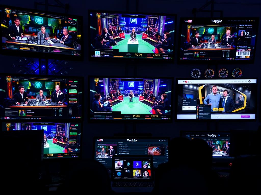 Multiple screens showing League of Legends esports broadcasts on different platforms