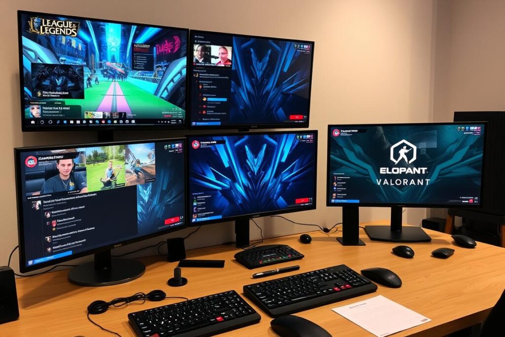Multiple screens showing different live esports events simultaneously