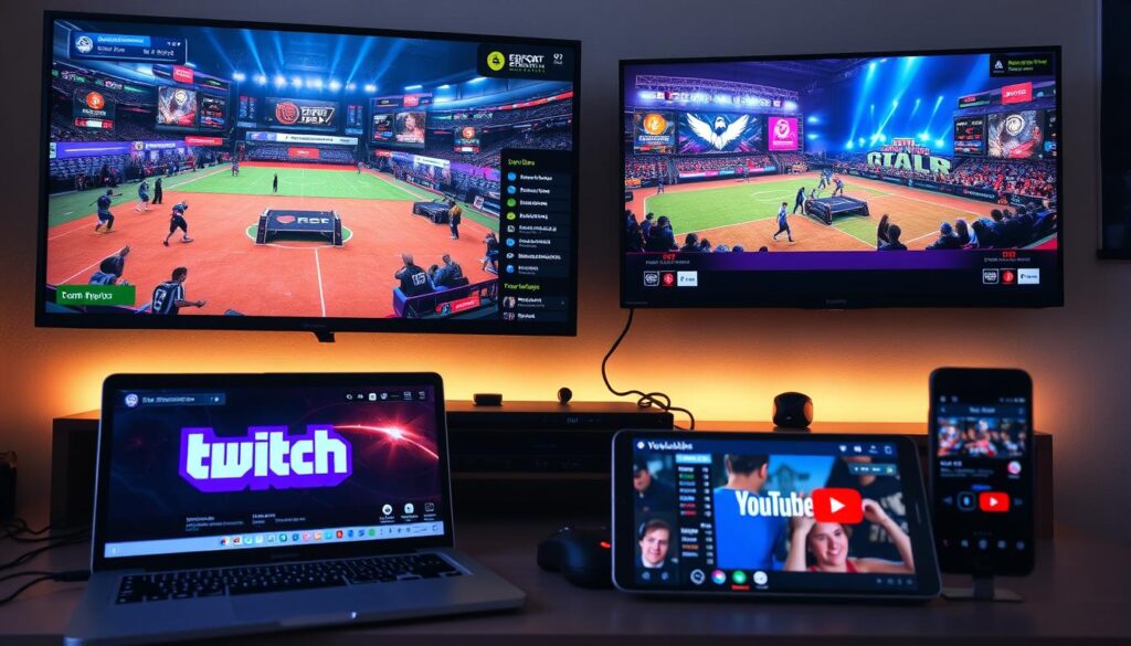 Multiple screens showing different platforms streaming esports tournaments simultaneously