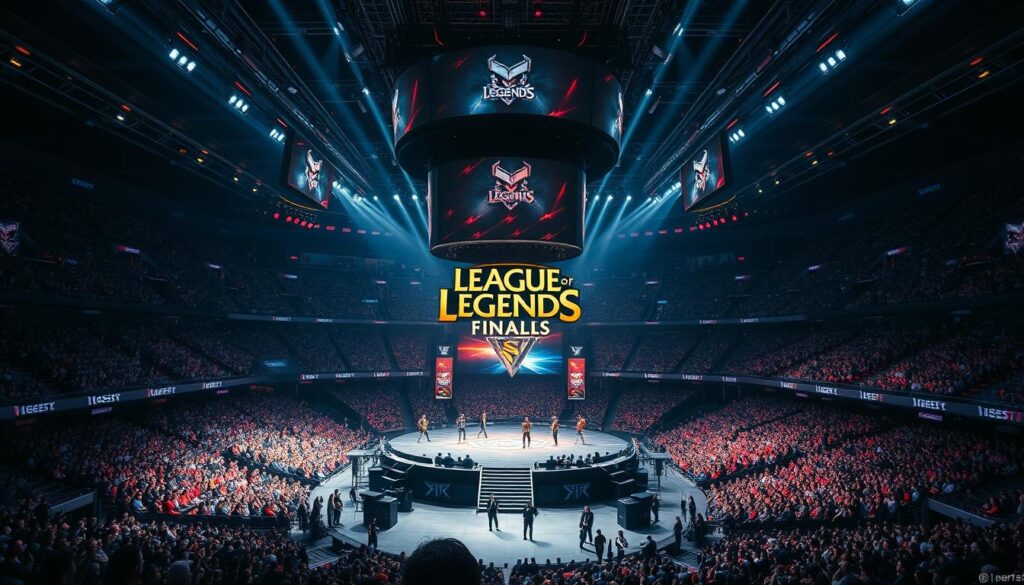 Packed stadium during League of Legends World Championship finals with teams competing on the main stage surrounded by spectacular lighting and effects