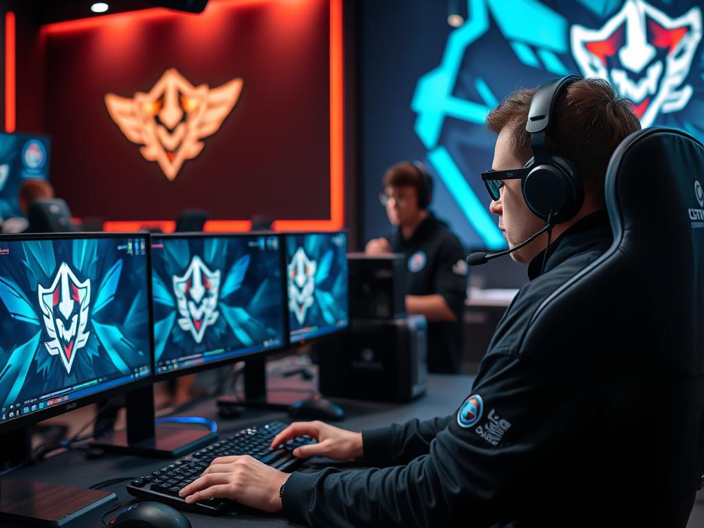 Professional League of Legends player practicing with team in gaming facility