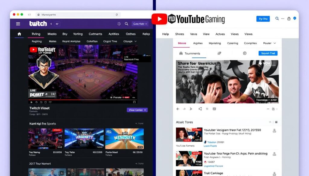 Side-by-side comparison of Twitch and YouTube Gaming interfaces showing live esports events