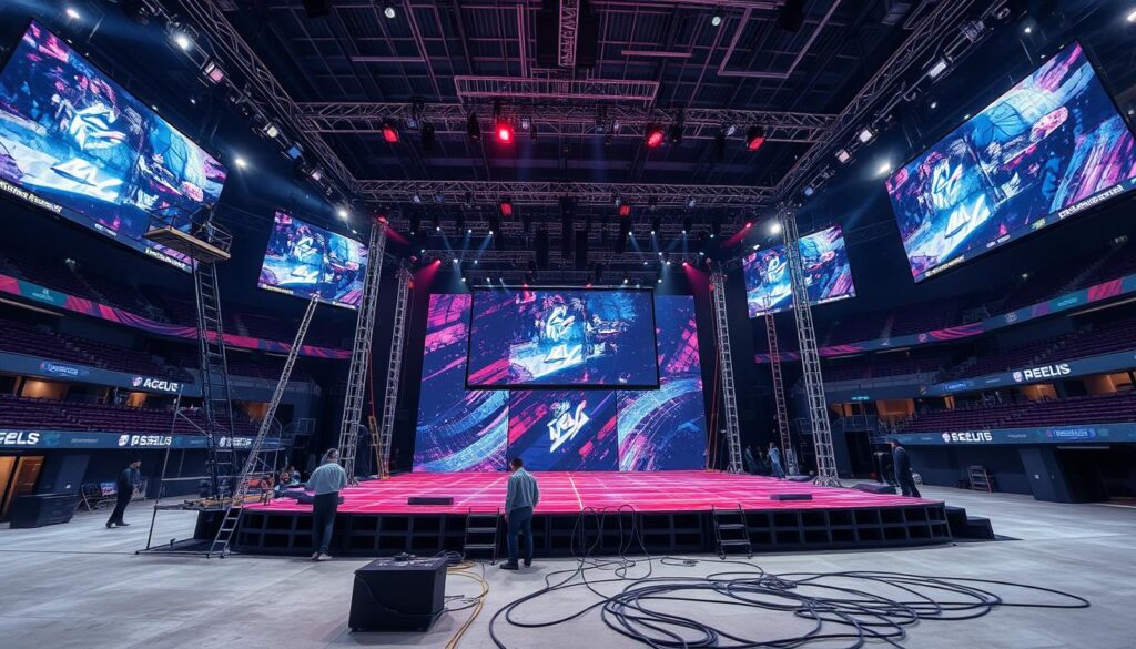 Stage setup in progress for a major esports tournament showing construction and lighting installation