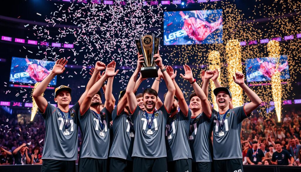 T1 celebrating their victory at the 2023 League of Legends World Championship