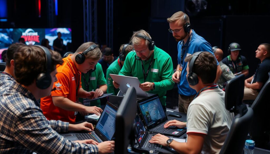 Technical team responding to an equipment failure during a tournament