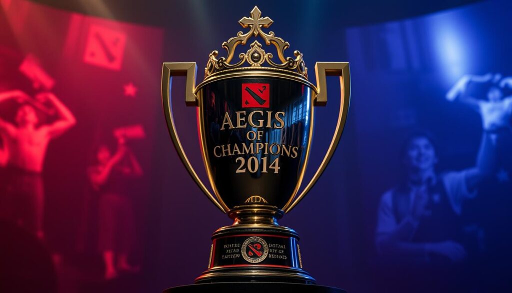 The Aegis of Champions trophy with historic Dota 2 moments
