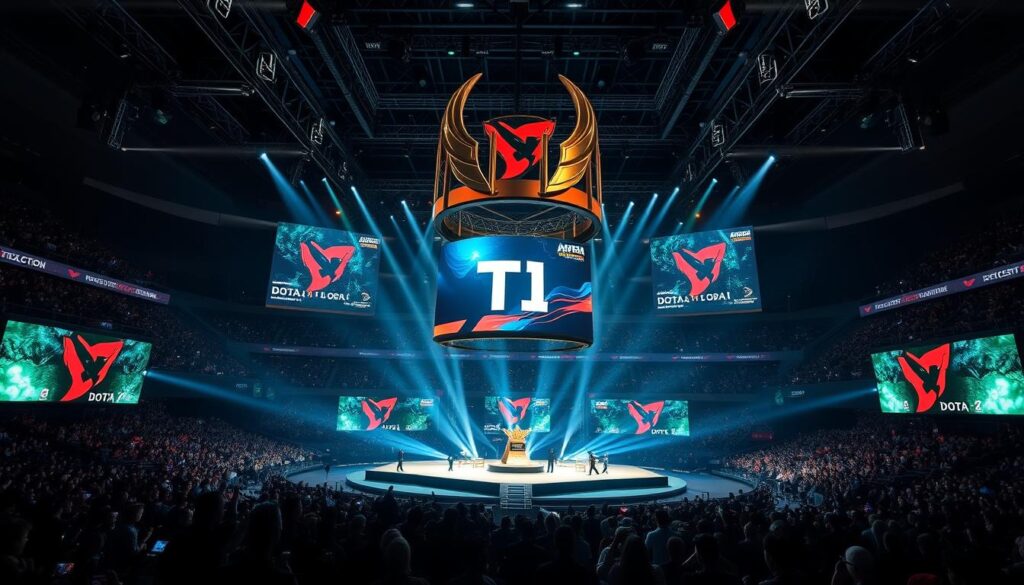 The International Dota 2 championship arena with the iconic Aegis trophy displayed prominently and teams competing on stage