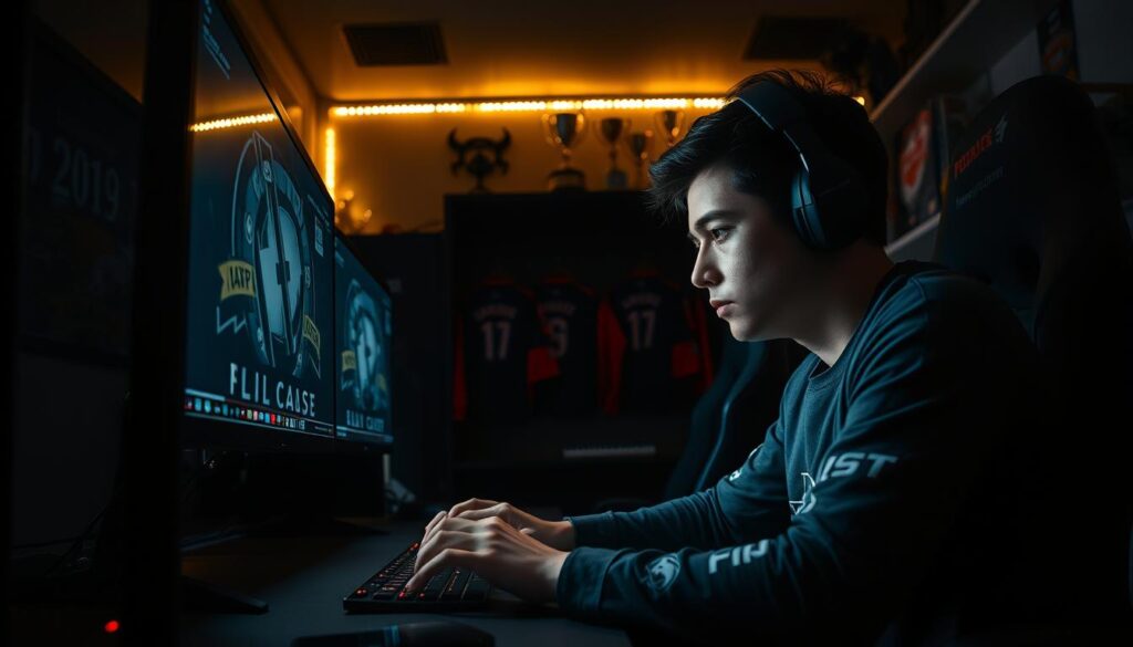 A dimly lit gaming room with an esports player intensely focused on their computer monitor, surrounded by a high-end gaming setup. The player's hands are a blur as they rapidly click and type, their face illuminated by the glow of the screen. In the background, team jerseys and trophies line the shelves, hinting at their competitive pedigree. The atmosphere is tense, with a sense of dedication and determination pervading the space. A wide-angle lens captures the entire scene, emphasizing the player's commitment to their craft and the seriousness of their training routine.
