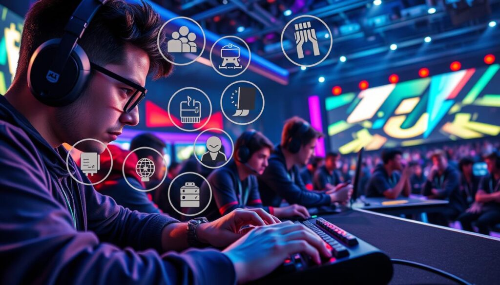 A vibrant, cinematic scene depicting the essential skills for gaming careers. In the foreground, a determined gamer intensely focuses on their screen, fingers flying across a high-end gaming keyboard. Surrounding them, a collage of diverse skill icons hovers in the air - tactical thinking, quick reflexes, problem-solving, teamwork, communication, and perseverance. In the middle ground, a group of professional esports players strategize and collaborate, their expressions intense yet composed. The background showcases a futuristic gaming arena, with towering screens, pulsing RGB lighting, and an energetic audience cheering on the action. The overall mood is one of competitive drive, technical mastery, and the thrill of high-stakes gaming.