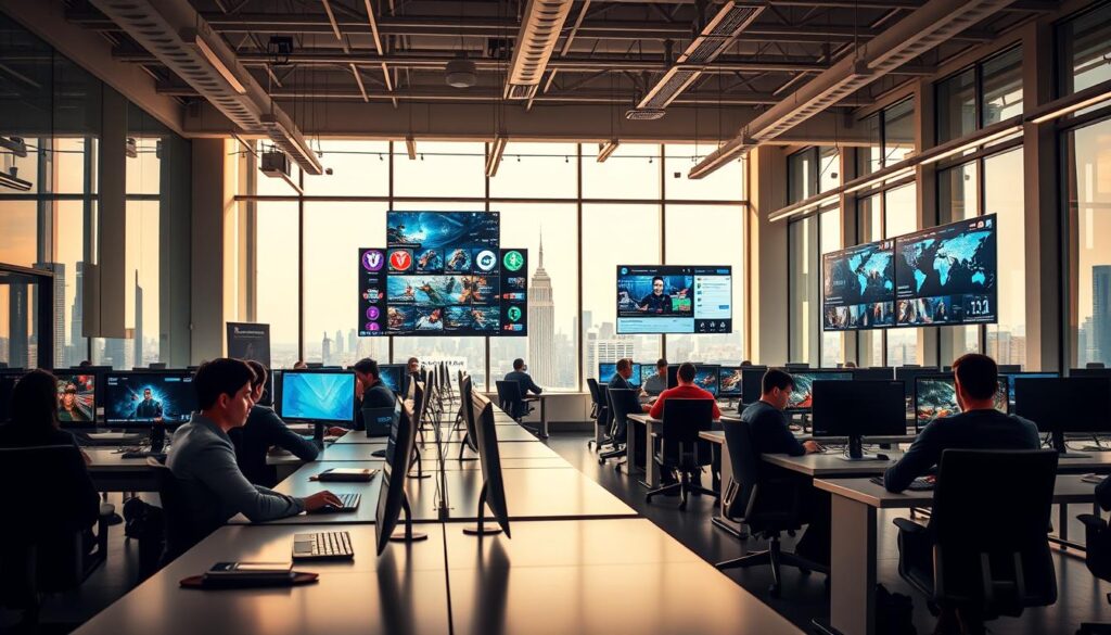 A brightly lit, modern office space with sleek, minimalist desks and chairs. In the foreground, a group of journalists sit intently at their computer screens, their expressions focused and determined. In the middle ground, large displays show various esports tournament streams, news headlines, and social media feeds. The background features high ceilings, large windows, and a skyline visible in the distance, creating a sense of openness and professionalism. The lighting is warm and inviting, casting a subtle glow over the entire scene. The atmosphere is one of productivity, innovation, and a deep passion for the world of esports. A brightly lit, modern office space with sleek, minimalist desks and chairs. In the foreground, a group of journalists sit intently at their computer screens, their expressions focused and determined. In the middle ground, large displays show various esports tournament streams, news headlines, and social media feeds. The background features high ceilings, large windows, and a skyline visible in the distance, creating a sense of openness and professionalism. The lighting is warm and inviting, casting a subtle glow over the entire scene. The atmosphere is one of productivity, innovation, and a deep passion for the world of esports.