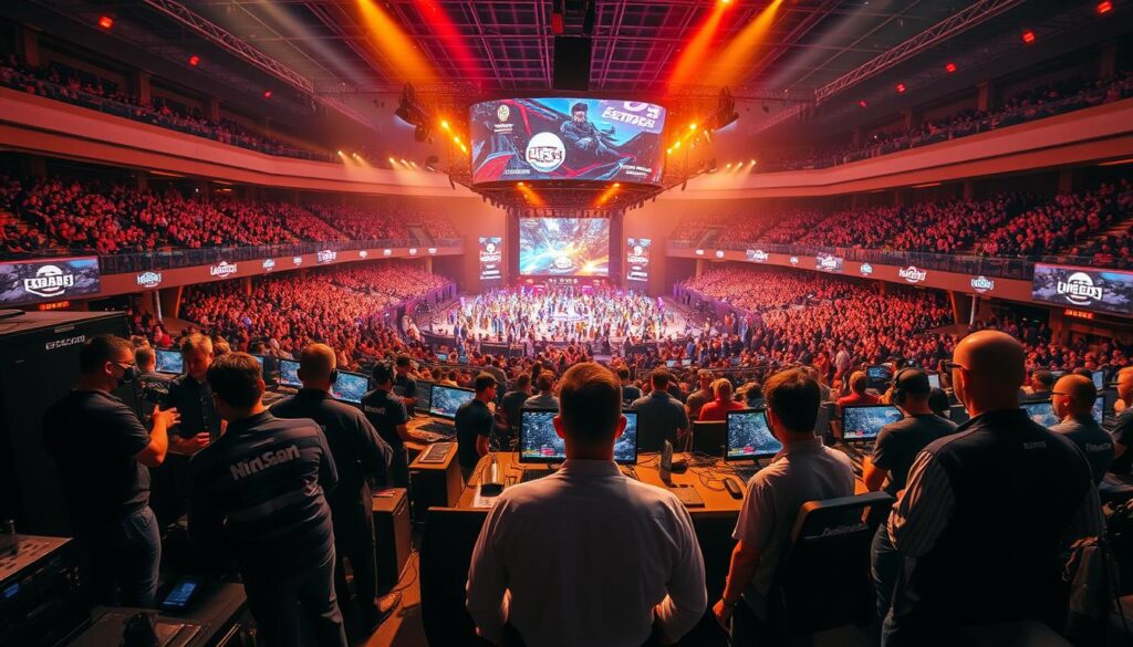 A bustling esports event venue, captured in a wide-angle lens. The foreground features a team of event organizers coordinating logistics, checking equipment, and directing personnel. The middle ground showcases the main stage, filled with a sea of colorful gaming setups and larger-than-life LED displays. In the background, a crowd of enthusiastic spectators fills the arena, their energy palpable. Warm, dramatic lighting casts a cinematic glow, emphasizing the high-stakes atmosphere. The scene conveys the meticulous planning, technical expertise, and passionate community that make esports events a captivating spectacle.