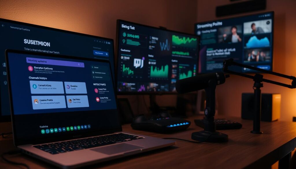 A dimly lit office interior, with a desk featuring a laptop, microphone, and gaming peripherals. On the laptop screen, various Twitch monetization options are displayed, including donation options, subscription tiers, and channel points. In the background, a wall-mounted monitor showcases streaming analytics and viewer engagement metrics. Soft, warm lighting casts a cozy glow, highlighting the focus on the streaming setup and the potential for monetizing a gaming passion. A dimly lit office interior, with a desk featuring a laptop, microphone, and gaming peripherals. On the laptop screen, various Twitch monetization options are displayed, including donation options, subscription tiers, and channel points. In the background, a wall-mounted monitor showcases streaming analytics and viewer engagement metrics. Soft, warm lighting casts a cozy glow, highlighting the focus on the streaming setup and the potential for monetizing a gaming passion.