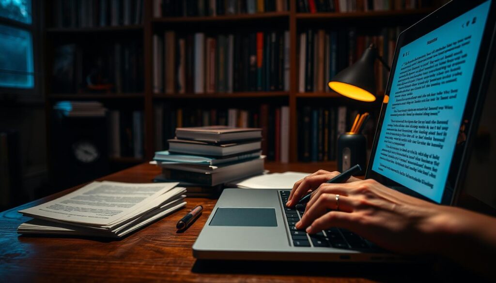 A dimly lit study room, with a cozy atmosphere and warm lighting. In the foreground, a laptop rests on a wooden desk, its screen displaying lines of eloquent, well-crafted text. The hands of a skilled writer hover over the keyboard, fingers dancing with precision and focus. In the middle ground, a stack of reference books and notes, a testament to the research and dedication required for effective esports journalism. The background features a bookshelf filled with volumes on media, storytelling, and the intricacies of the gaming industry, creating a sense of intellectual depth and expertise. The overall scene conveys the essential skills of an esports journalist: a keen eye for detail, a passion for compelling narratives, and a deep understanding of the nuances that make this dynamic industry unique. A dimly lit study room, with a cozy atmosphere and warm lighting. In the foreground, a laptop rests on a wooden desk, its screen displaying lines of eloquent, well-crafted text. The hands of a skilled writer hover over the keyboard, fingers dancing with precision and focus. In the middle ground, a stack of reference books and notes, a testament to the research and dedication required for effective esports journalism. The background features a bookshelf filled with volumes on media, storytelling, and the intricacies of the gaming industry, creating a sense of intellectual depth and expertise. The overall scene conveys the essential skills of an esports journalist: a keen eye for detail, a passion for compelling narratives, and a deep understanding of the nuances that make this dynamic industry unique.