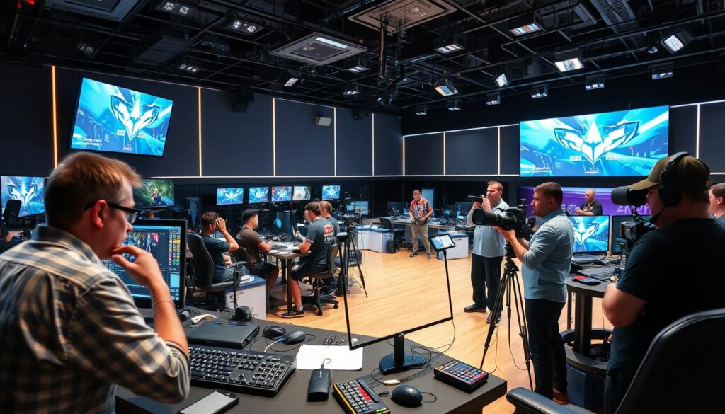 A large, brightly-lit esports production studio, with a diverse team of professionals working in various technical roles. In the foreground, a director intensely monitors multiple screens, coordinating camera operators and audio engineers. In the middle ground, a graphics designer meticulously adjusts on-screen overlays, while a video technician fine-tunes the lighting and camera angles. In the background, a production manager oversees the entire operation, ensuring a seamless flow of information and a polished, high-energy broadcast. The atmosphere is one of focused collaboration, with each team member contributing their specialized skills to create an engaging and immersive esports tournament experience.