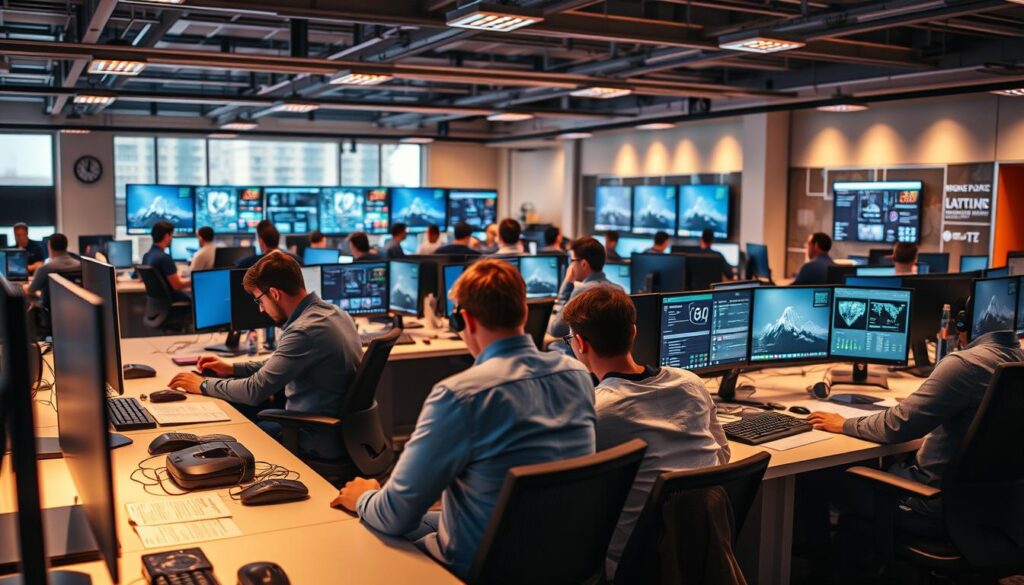 A modern, well-equipped esports organization headquarters, with a bustling open-plan office showcasing a team of skilled managers collaborating at sleek desks and workstations. Warm, focused lighting illuminates the space, creating a professional, dynamic atmosphere. In the foreground, a group of managers pore over data analytics and strategy on high-resolution displays, while in the background, a team of coaches and analysts review match footage and player performance metrics. The overall scene conveys a sense of strategic planning, data-driven decision-making, and a synergistic, goal-oriented team dynamic essential to shaping the success of a top-tier esports organization.