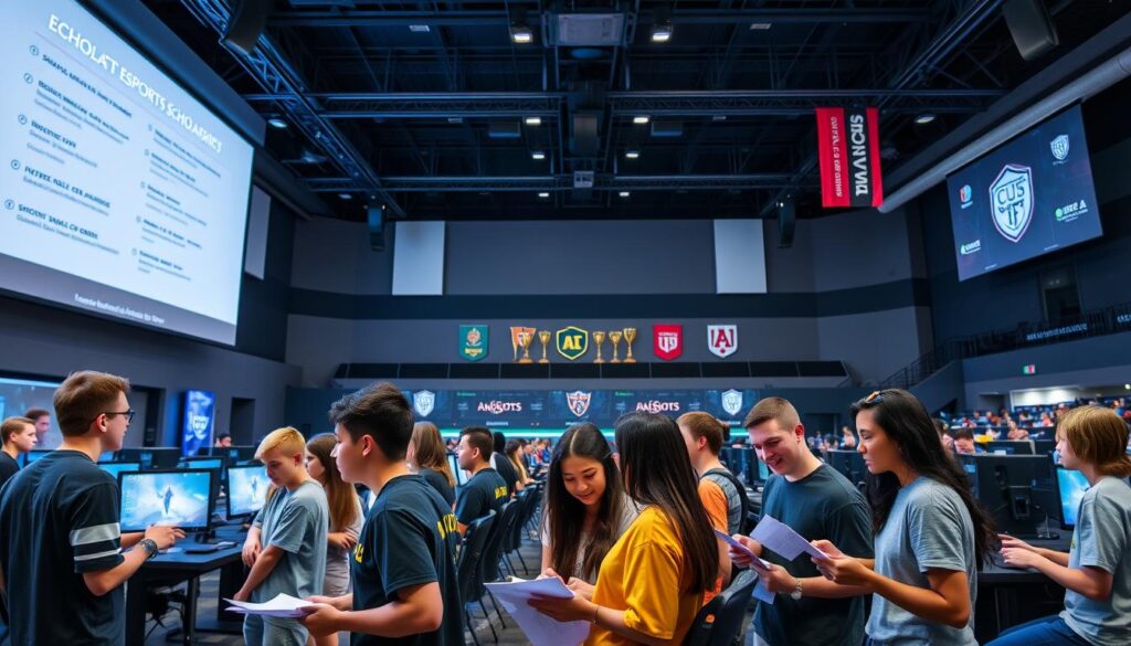 A modern, well-lit esports arena with a large projection screen displaying various collegiate esports scholarship opportunities. In the foreground, a group of young, diverse gamers excitedly discussing scholarship details and filling out application forms. The middle ground features rows of gaming setups and tournament-ready equipment, conveying the high-tech nature of the esports industry. The background depicts university logos, trophies, and banners, highlighting the academic and competitive aspects of collegiate esports scholarships. The overall atmosphere is one of excitement, opportunity, and the fusion of gaming and higher education.