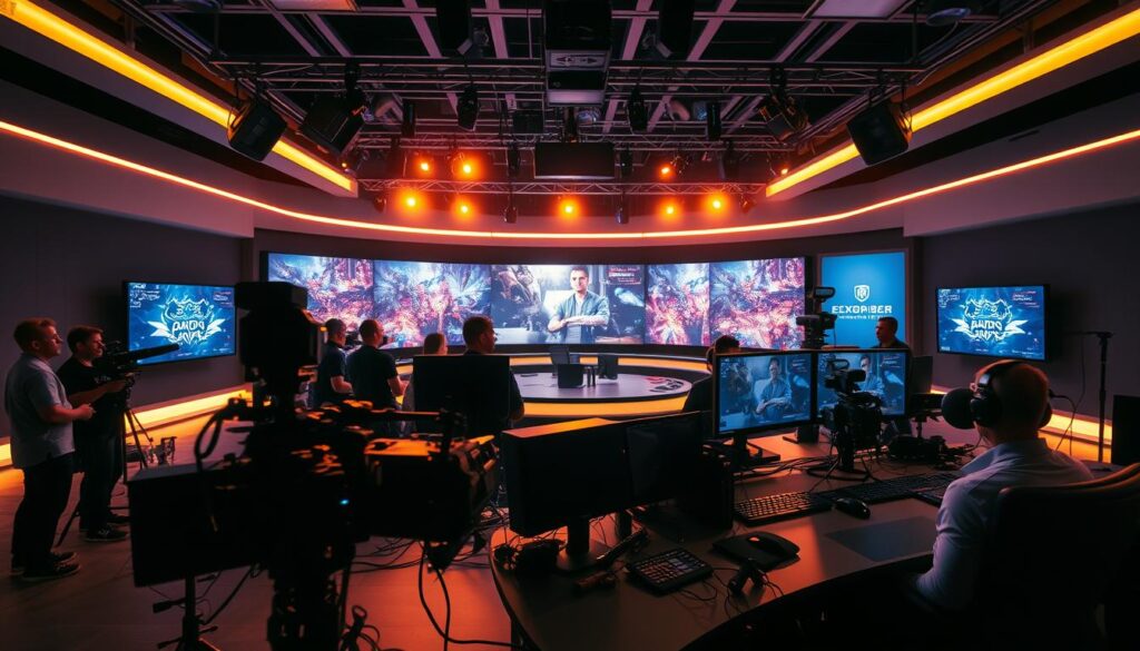A professional esports broadcast studio, bathed in a warm, ambient lighting. In the foreground, a sleek production desk adorned with high-tech equipment - cameras, microphones, and video monitors. Behind it, a team of talented individuals, each focused on their respective roles, crafting a seamless esports broadcast. In the middle ground, a large, curved video wall displays vibrant gameplay footage, creating an immersive atmosphere. The background features a clean, minimalist set design, with subtle branding elements that tie the whole scene together. The overall mood is one of high-energy, precision, and the relentless pursuit of esports broadcasting excellence.