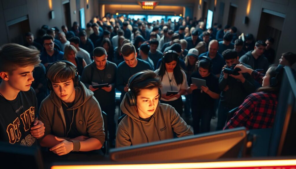 A university esports recruitment event, captured in a cinematic wide-angle shot. In the foreground, a group of student gamers are engaged in a competitive match, their faces illuminated by the glow of screens. Behind them, a panel of coaches and scouts observe intently, taking notes on clipboards. In the background, a bustling crowd of prospective recruits mingles, some holding gaming peripherals, others discussing strategies. Warm, soft lighting casts a collegiate atmosphere, while the high-contrast shadows create a sense of intensity and focus. The scene conveys the excitement and opportunity of the varsity esports recruitment process.
