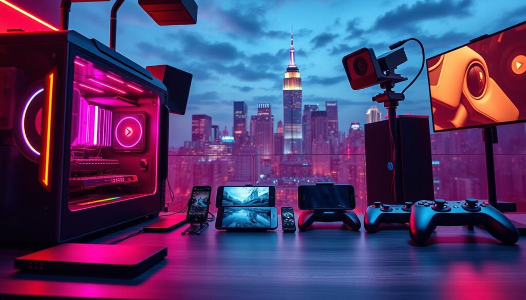 A vibrant, wide-angle view of the YouTube Gaming platform. In the foreground, a sleek, modern gaming setup with colorful LED lights, a high-end gaming PC, and a professional-grade webcam. In the middle ground, several mobile devices and game controllers, representing the versatility of YouTube Gaming's cross-platform capabilities. The background features a cityscape skyline, hinting at the global reach and influence of the platform. The scene is bathed in a warm, cinematic lighting, creating a sense of energy and professionalism, suitable for a career-focused streaming platform. A vibrant, wide-angle view of the YouTube Gaming platform. In the foreground, a sleek, modern gaming setup with colorful LED lights, a high-end gaming PC, and a professional-grade webcam. In the middle ground, several mobile devices and game controllers, representing the versatility of YouTube Gaming's cross-platform capabilities. The background features a cityscape skyline, hinting at the global reach and influence of the platform. The scene is bathed in a warm, cinematic lighting, creating a sense of energy and professionalism, suitable for a career-focused streaming platform.