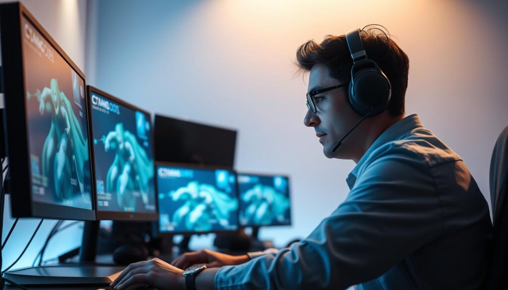 A well-lit and professionally-framed studio scene showcasing an esports commentator skillfully analyzing gameplay on multiple monitors, with a clean and minimalist backdrop that highlights the subject's concentration and expertise. Soft directional lighting creates depth and shadows, emphasizing the commentator's focused expression. The camera angle is slightly elevated, creating an authoritative and cinematic perspective. The overall mood is one of professionalism, expertise, and passion for the esports industry.