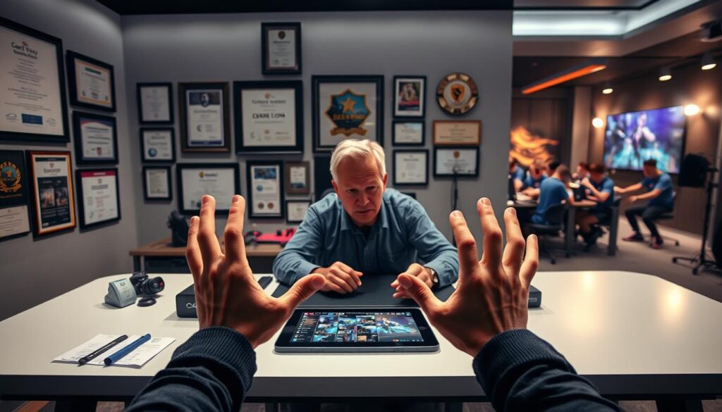 A well-lit, professional studio setting featuring a table with esports equipment and memorabilia. In the foreground, a coach's hands gesture expressively as they explain tactics on a tablet. The middle ground showcases a variety of certifications, awards, and coaching licenses framed on the wall, conveying the coach's expertise and qualifications. The background has subtle, atmospheric lighting and a blurred esports team competing in the distance, hinting at the coach's involvement in high-level competition.