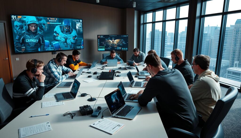 a conference room with a large table, teams of esports players and coaches gathered around it, intently discussing strategy and game plans, laptops and notepads scattered across the table, multiple screens displaying gameplay footage and analytics, the room is well-lit with natural light filtering in through large windows, a sense of focus and intensity as the teams work together to fine-tune their approach, the overall atmosphere is one of collaboration and determination to achieve victory.