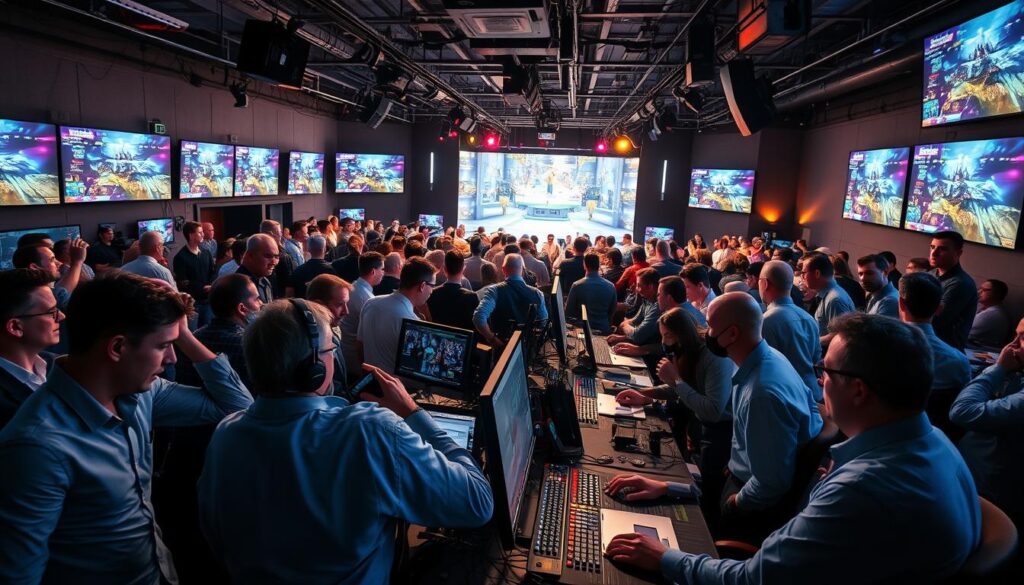A bustling live broadcast control room filled with technicians and producers working frantically amidst a sea of monitors displaying gaming footage and real-time data. In the foreground, a diverse group of professionals in smart-casual attire focuses on their tasks, with one adjusting camera angles and another speaking into a headset, conveying urgency. The middle layer features control panels with blinking lights, audio equipment, and laptops, radiating a sense of organized chaos. In the background, large screens show an esports event in progress, surrounded by cables and equipment. The lighting is bright yet slightly chaotic, casting reflections off screens and creating an energetic atmosphere. The image captures the intensity and excitement of the moment, illustrating the high-pressure environment backstage during a major esports stream. A bustling live broadcast control room filled with technicians and producers working frantically amidst a sea of monitors displaying gaming footage and real-time data. In the foreground, a diverse group of professionals in smart-casual attire focuses on their tasks, with one adjusting camera angles and another speaking into a headset, conveying urgency. The middle layer features control panels with blinking lights, audio equipment, and laptops, radiating a sense of organized chaos. In the background, large screens show an esports event in progress, surrounded by cables and equipment. The lighting is bright yet slightly chaotic, casting reflections off screens and creating an energetic atmosphere. The image captures the intensity and excitement of the moment, illustrating the high-pressure environment backstage during a major esports stream.
