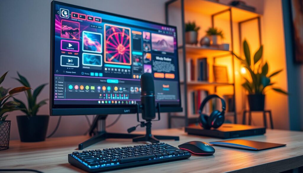A cozy, modern workspace with a high-tech computer setup showcasing OBS overlay customization. In the foreground, a large computer monitor displays a colorful, intricately designed streaming overlay with various elements like webcam frames, alerts, and chat boxes creatively arranged. A sleek keyboard and mouse sit in front, illuminated by soft RGB lighting. In the middle ground, a stylish microphone and headphones are positioned on the desk, emphasizing a professional streaming environment. The background features a softly blurred bookshelf filled with gaming and tech books, along with decorative plants adding a touch of life. The scene is well-lit with warm, inviting lighting, creating a focused yet relaxed atmosphere, perfect for mastering streaming techniques. The angle captures both the monitor and workspace in a dynamic, engaging view.