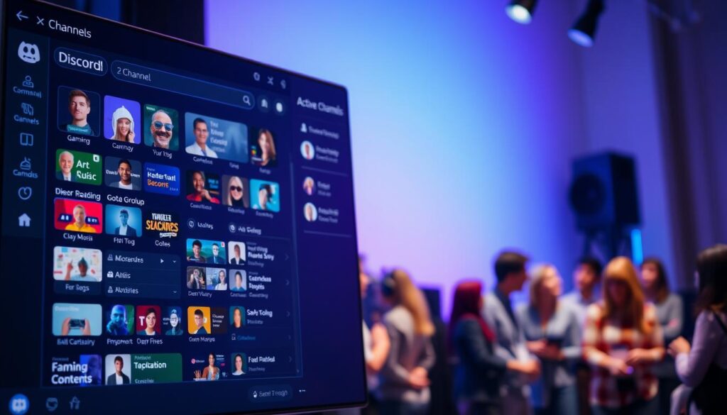 A detailed Discord community hub interface, vividly portraying a variety of active channels. In the foreground, display a sleek, modern user interface with vibrant channel icons for gaming, art, music, and chat groups, emphasizing community interaction. The middle layer should include a sidebar showcasing an active member list, with avatars of diverse individuals in professional casual attire, engaging in discussions. The background features a soft gradient, transitioning from cool blues to warm purples, creating an inviting and energetic atmosphere. The lighting should be bright yet soft, highlighting the digital elements without harsh contrasts. The perspective is slightly angled to give depth to the interface, suggesting engagement and a thriving online community.