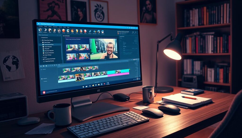 A detailed image depicting a social content editing timeline, focusing on the split tool interface, set in a cozy home office environment. In the foreground, illustrate a modern computer monitor displaying a vibrant editing software timeline filled with colorful video clips and distinct split tool icons, with a sleek keyboard and mouse nearby. In the middle ground, include a stylish desk cluttered with notes, headphones, and a coffee mug, enhancing the creative workspace atmosphere. In the background, place soft ambient lighting from a desk lamp, casting a warm glow, complemented by a bookshelf filled with gaming and editing books. The mood is focused yet relaxed, ideal for a content creator working on stream highlights. The angle should be slightly tilted to capture the entire workspace dynamic, without any text or branding elements.