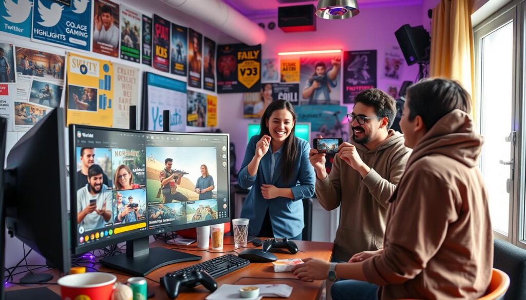 A dynamic digital workspace showcasing a diverse group of individuals in modest casual clothing, enthusiastically promoting gaming clips on various social media platforms like Twitter, TikTok, and Instagram. In the foreground, a large computer monitor displays colorful gaming highlights and engaging videos, surrounded by game controllers, snacks, and drinks. In the middle section, a lively discussion occurs between two people, one holding a smartphone capturing gameplay footage, while the other gestures excitedly, conveying enthusiasm. The background features a colorful, vibrant gaming room, adorned with posters, LED lights, and gaming equipment, creating an inviting atmosphere. Natural daylight streams through a window, casting a warm glow, enhancing the energetic and collaborative mood of the scene.