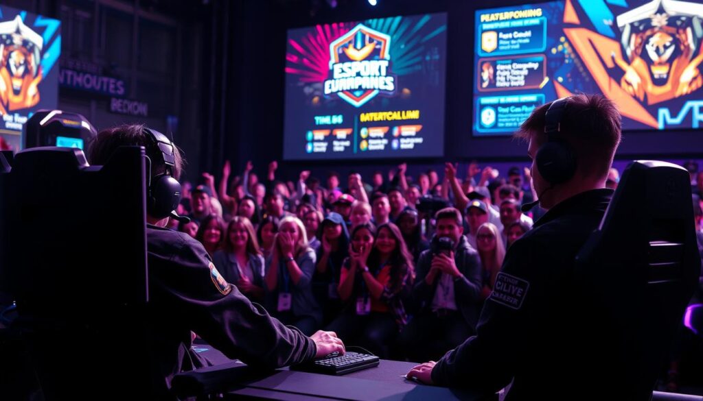 A dynamic scene showcasing pro gamers facing various challenges at an esports competition. In the foreground, two focused gamers are seated at sleek gaming rigs, intensely strategizing on their screens, wearing professional gaming gear. The middle ground features a diverse audience cheering, their expressions a mix of excitement and anticipation. In the background, a large LED screen displays the tournament logo, with colorful graphics illustrating the various challenges participants face—like time limits and the need for teamwork. The lighting is dramatic and vibrant, casting a spotlight on the players while the crowd is illuminated by ambient lighting. The atmosphere is electric, reflecting the intensity and breakthrough moments of competitive gaming. Capture the essence of high-stakes competition, camaraderie, and resilience in a high-tech environment. A dynamic scene showcasing pro gamers facing various challenges at an esports competition. In the foreground, two focused gamers are seated at sleek gaming rigs, intensely strategizing on their screens, wearing professional gaming gear. The middle ground features a diverse audience cheering, their expressions a mix of excitement and anticipation. In the background, a large LED screen displays the tournament logo, with colorful graphics illustrating the various challenges participants face—like time limits and the need for teamwork. The lighting is dramatic and vibrant, casting a spotlight on the players while the crowd is illuminated by ambient lighting. The atmosphere is electric, reflecting the intensity and breakthrough moments of competitive gaming. Capture the essence of high-stakes competition, camaraderie, and resilience in a high-tech environment.