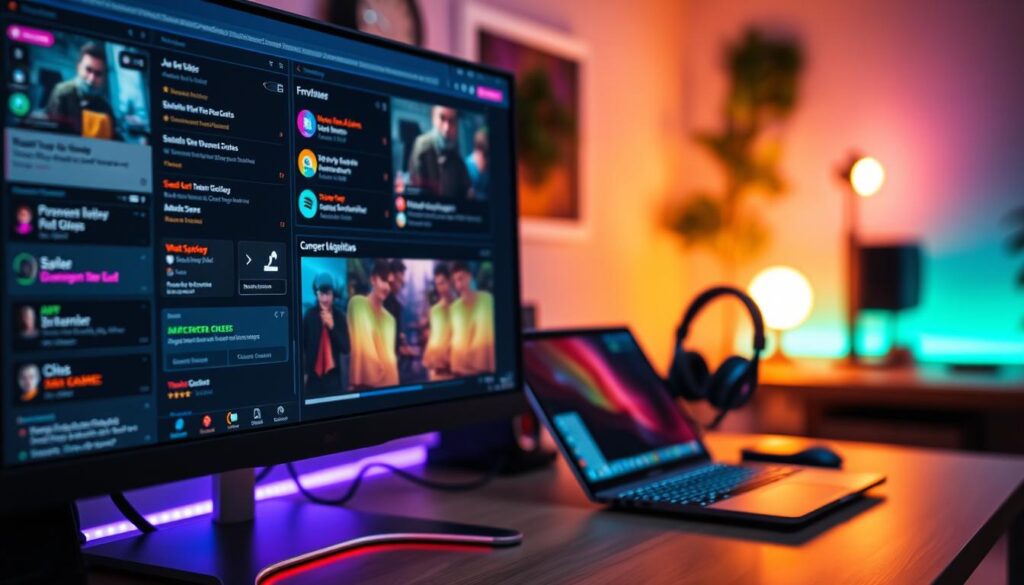 A dynamic workspace showcasing a computer screen filled with streaming software alerts widgets. In the foreground, a colorful overlay of animated alert widgets, including subscriber notifications, donation alerts, and chat interactions, is clearly visible. The middle ground features a sleek modern desk with a high-end gaming microphone and headphones, alongside a laptop displaying the OBS interface. The background is softly blurred, revealing a cozy gaming environment with ambient LED lighting casting a vibrant glow. The scene is illuminated with warm, inviting light, creating a professional yet relaxed atmosphere. Capture the image from a slightly elevated angle, emphasizing the functionality and excitement of streaming setups without any text or branding elements.